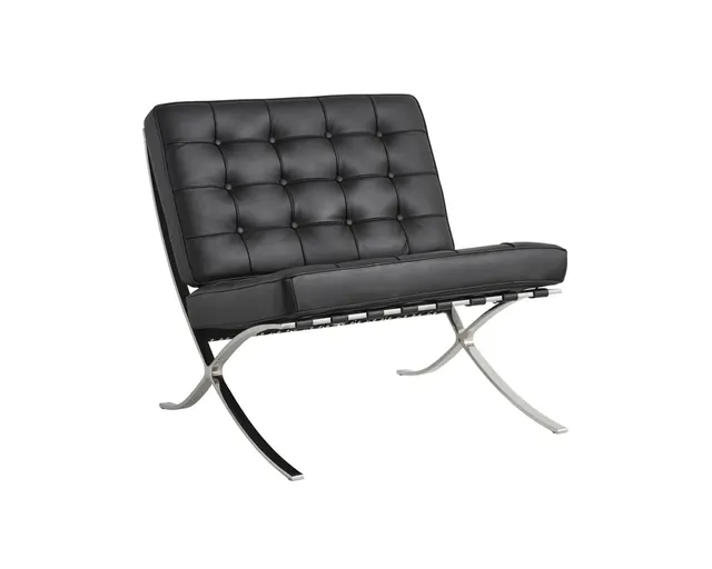 The Barcelona style lounge chair in black leather, seen from the front corner