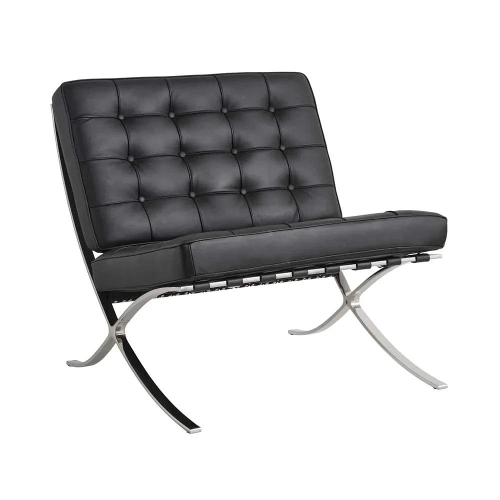 The Barcelona style lounge chair in black leather, seen from the front corner