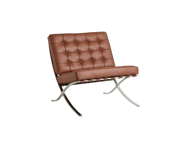 The Barcelona style lounge chair in brown leather, seen from the front corner