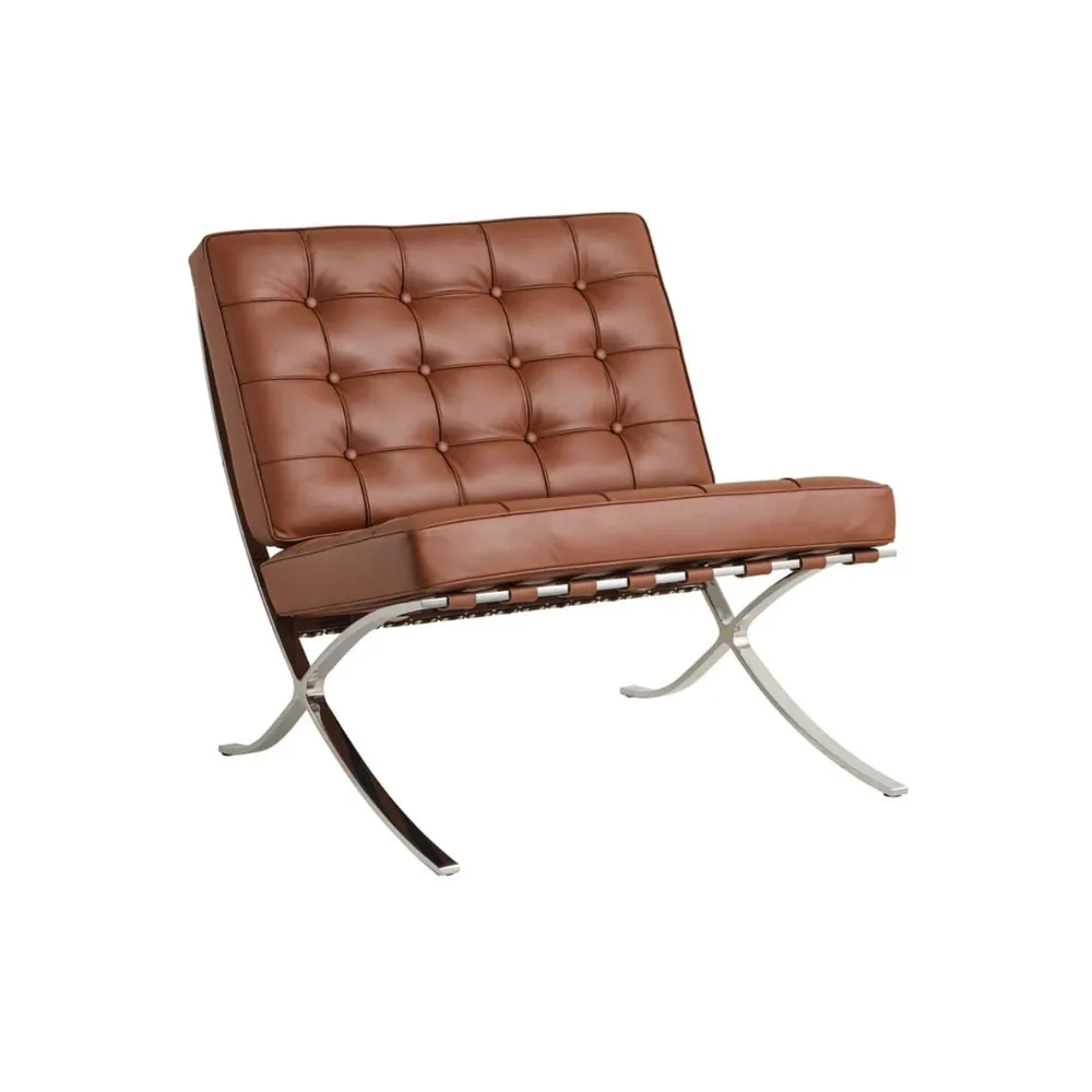 The Barcelona style lounge chair in brown leather, seen from the front corner