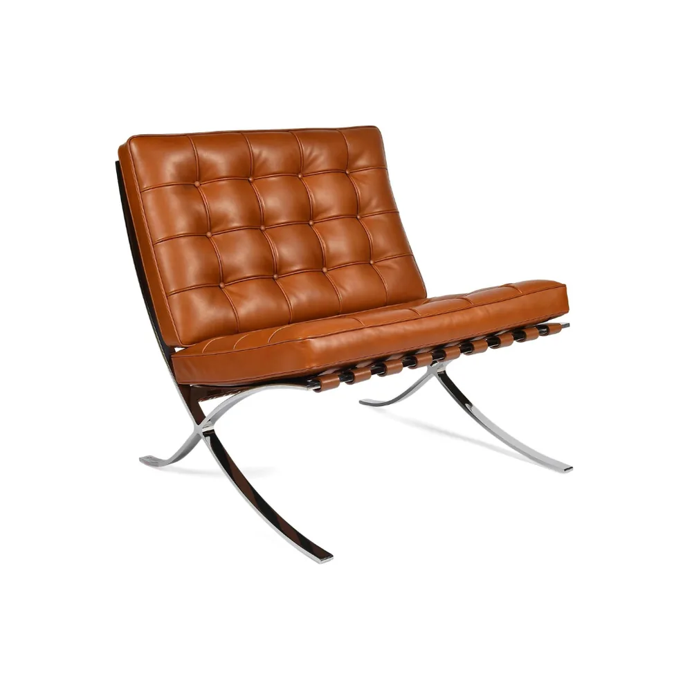 The Barcelona style lounge chair in cognac leather, seen from the front corner