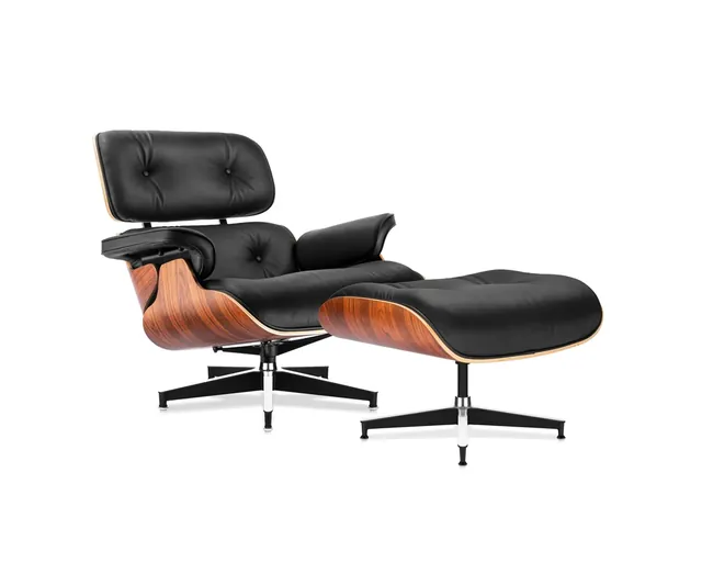 Eames Style Lounge Chair & Ottoman in Full Grain Leather, black