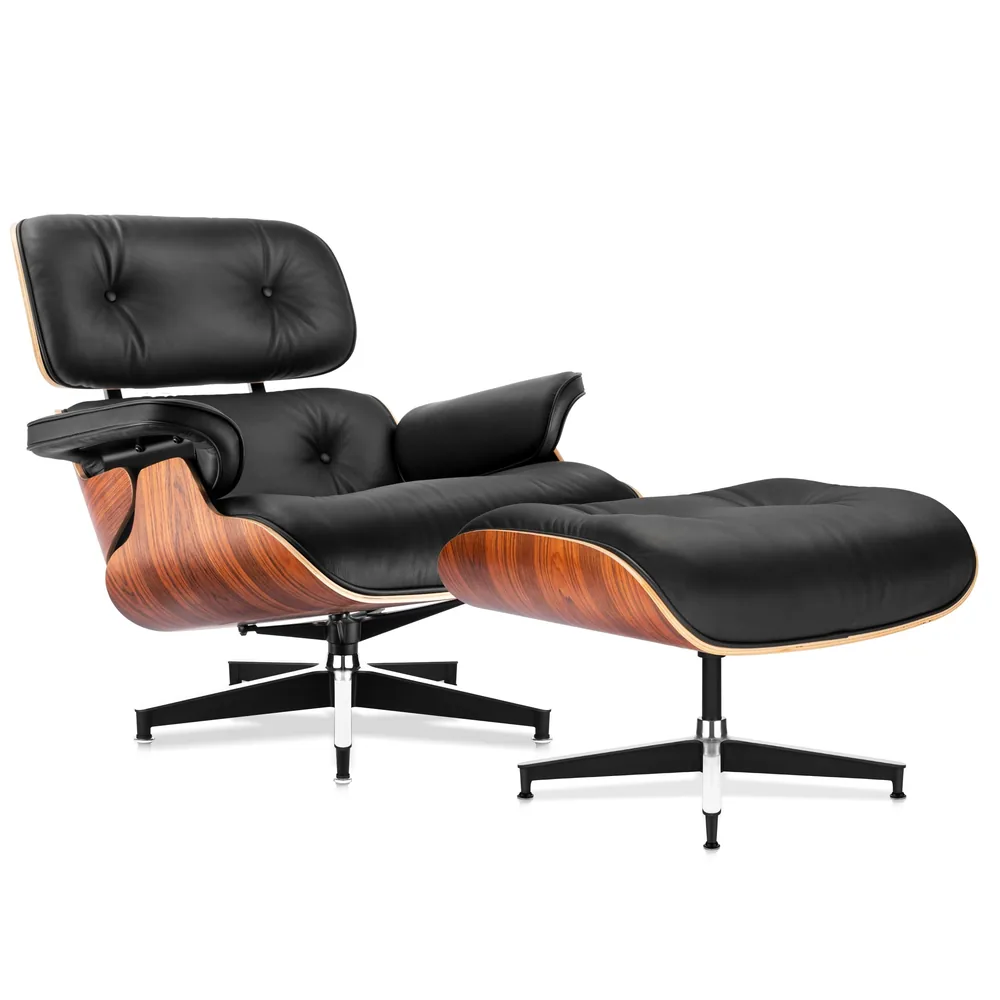 Eames Style Lounge Chair & Ottoman in Full Grain Leather, black