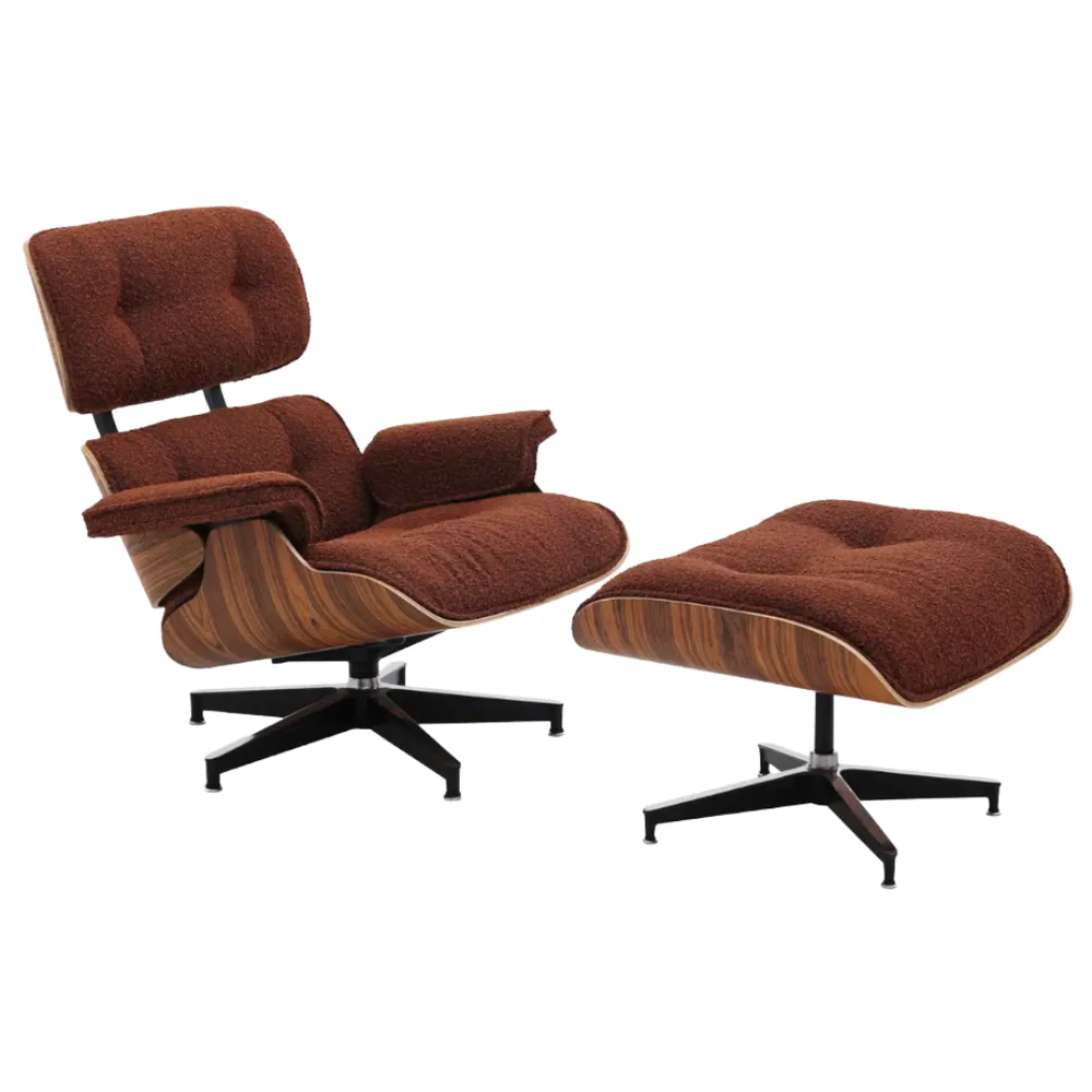 Eames Style Lounge Chair & Ottoman in Bouclé, rust