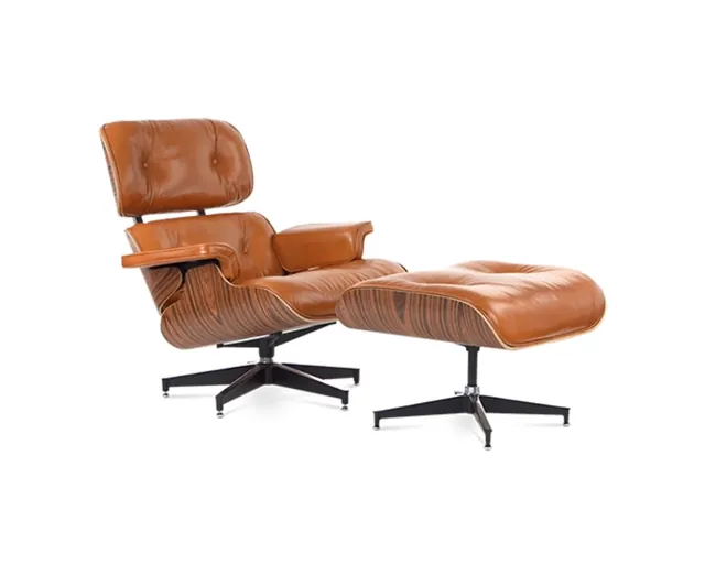 Eames Style Lounge Chair & Ottoman in Cognac Leather, cognac