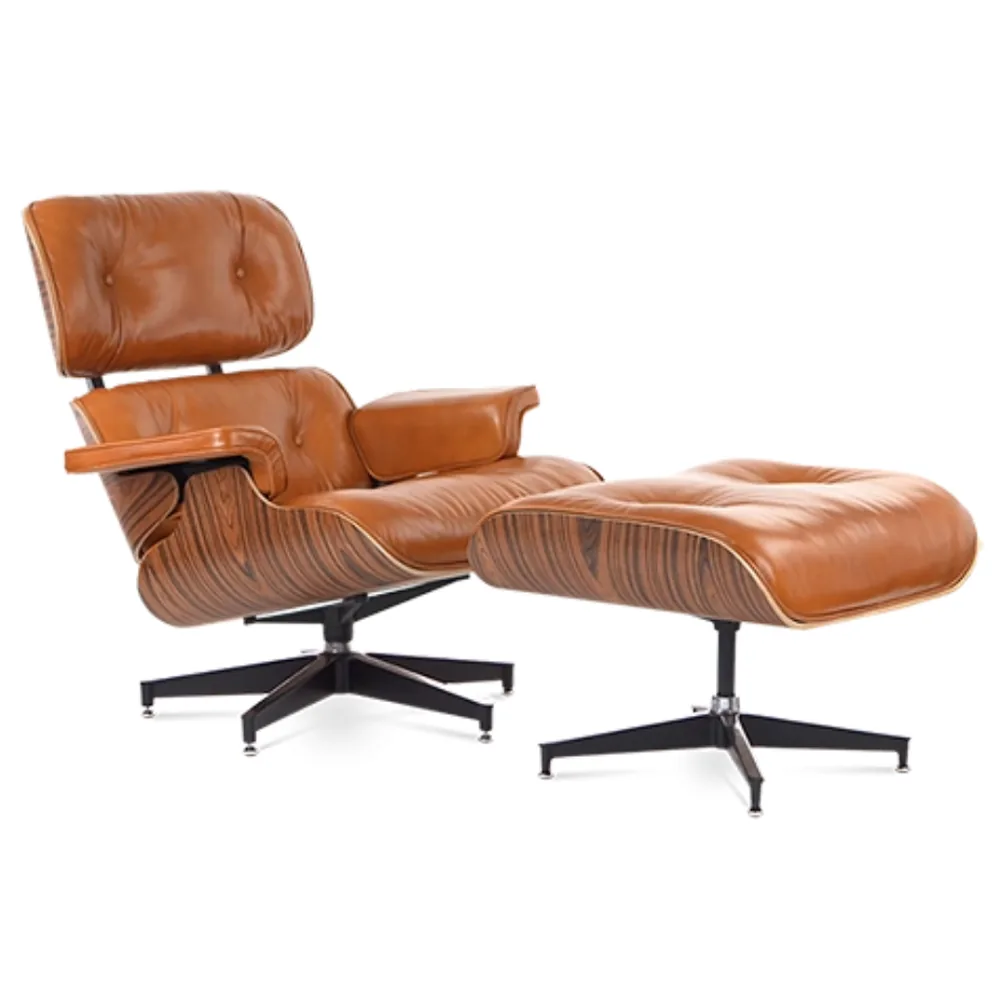 Eames Style Lounge Chair & Ottoman in Cognac Leather, cognac