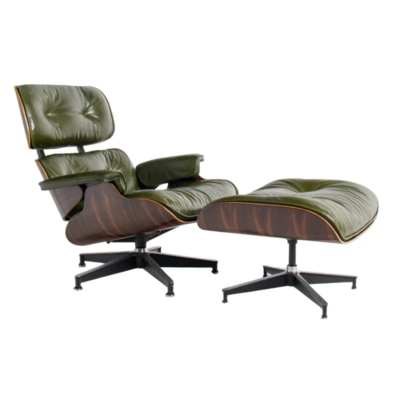 Eames Style Lounge Chair & Ottoman in Moss Green Leather, moss green